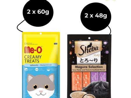 Me O Creamy Chicken & Liver and  Sheba Tuna & Tuna Seafood Maguro Selection Melty Premium Cat Treats Combo Discount