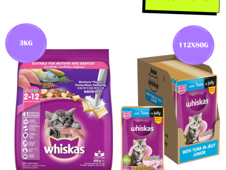 Whiskas Tuna in Jelly Kitten Wet Food and Mackerel Flavour Kitten (2 to 12 months) Dry Food Combo For Sale