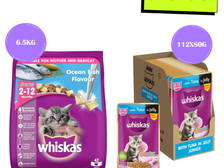 Whiskas Tuna in Jelly Kitten Wet Food and Ocean Fish Kitten Dry Food Combo For Sale