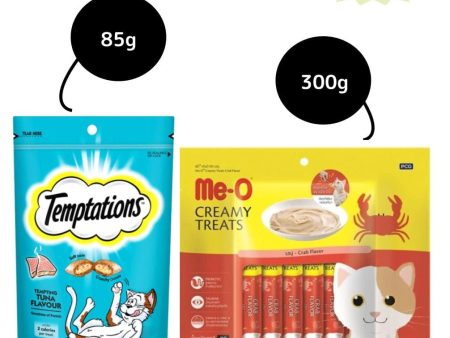 Me O Creamy Crab and Temptations Tempting Tuna Flavor Cat Treats Combo on Sale