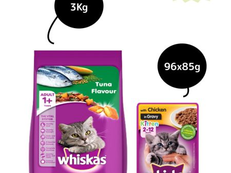 Whiskas Chicken Gravy Adult Cat Wet Food and Tuna Flavour Adult Cat Dry Food Combo Hot on Sale