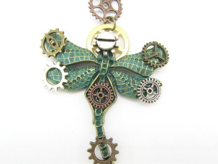 Wholesale Vintage Pinion Green Bronze Dragonfly Steampunk  Alloy Necklace For Discount