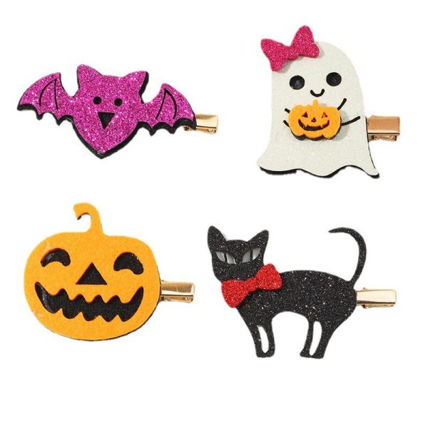 Wholesale Halloween Cartoon Pumpkin Cat Bat Ghost Leather Kids Hair Clips Online now