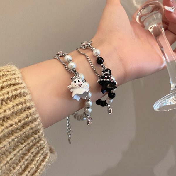 Wholesale Black and White Small Ghost Beaded Titanium Steel Bracelet on Sale