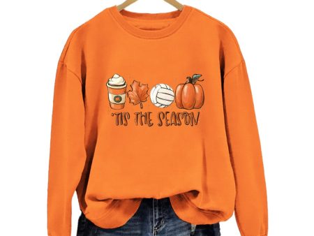 Wholesale Thanksgiving Pumpkin Volleyball Coffee Maple Leaf Print Round Neck Autumn Cotton Sweatshirt Discount