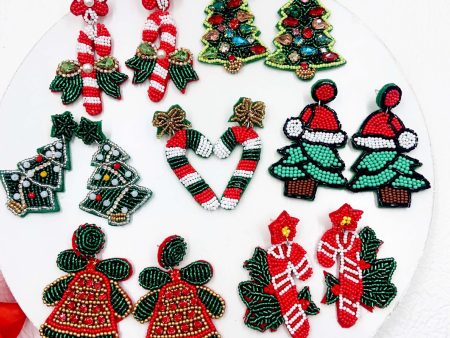 Wholesale Christmas Bells Candy Canes Sweet and Cute Rice Beads Hand-woven Earrings Sale