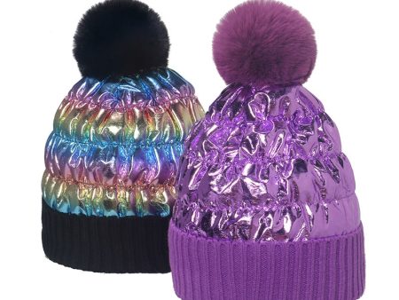 Wholesale 2023 Autumn and Winter Plus Velvet Thickened Winter Hat Colorful Metal Laser Fur Ball Acrylic Knitted Hat For Sale