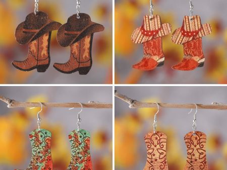 Wholesale Western Cowboy Boots Hat Wooden Earrings Sale