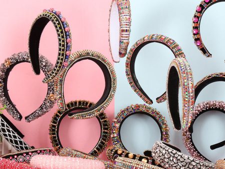 Wholesale 10Pcs Heavy Industry Crystal Beaded Retro Baroque Thick Sponge Wide Brim Pressed Headband Supply