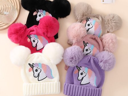 Wholesale Children s Winter Knitted Hat Unicorn Double Ball Woolen Hat Discount