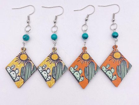 Wholesale Western Style Turquoise Cactus Sunset Wooden Earrings For Cheap