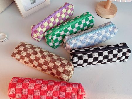 Wholesale Checkerboard Knitted Large Capacity Wool Pencil Bag For Discount