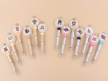 Wholesale Cartoon Round Print Beaded Gold Silver Plastic Ballpoint Pen Online Sale