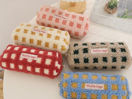 Wholesale Waffle Lamb Plush Checkerboard Pencil Case For Sale