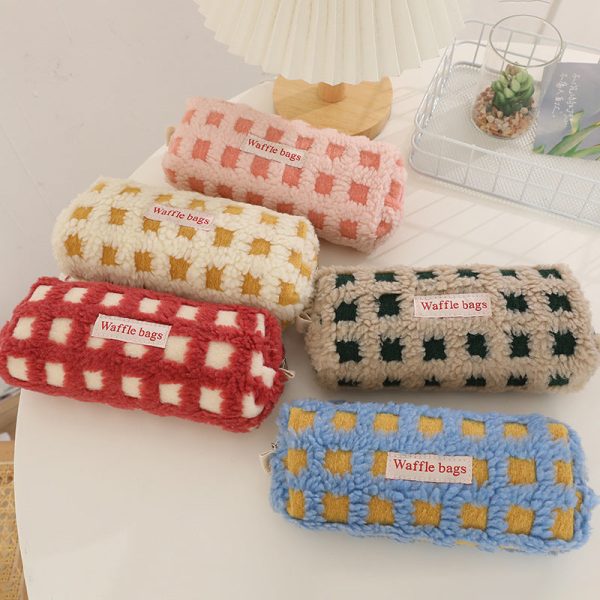 Wholesale Waffle Lamb Plush Checkerboard Pencil Case For Sale