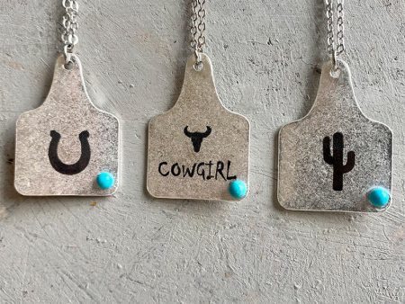 Wholesale Vintage Lettering Cactus Bull Head Horseshoe Metal Turquoise Necklace For Sale