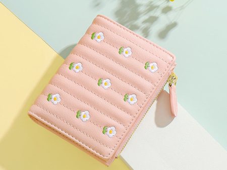 Wholesale Cute Embroidered Simple Short Two Fold PU Coin Purse Online now