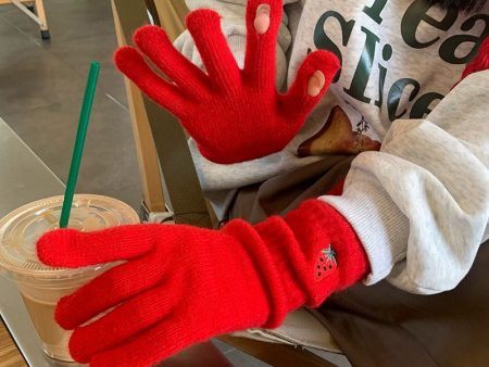 Wholesale Autumn Long Wrist Strawberry Cold and Warm Touch Screen Solid Color Knitted Gloves Online Hot Sale