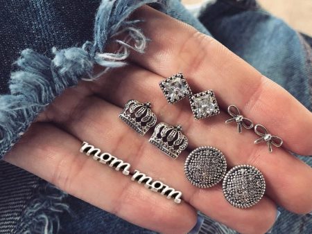 Wholesale Vintage Set with Diamonds Crown Letters MOM Stud Earrings Set of 5 Pairs Sale