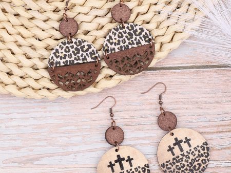 Wholesale Vintage Leopard Print Cross Hollow Wood Chip Round Earrings Cheap