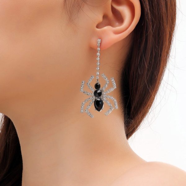 Wholesale 2pairs pack Halloween Black Spider Black and White Water Diamond Long Metal Earrings Online Hot Sale