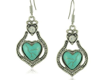 Wholesale Vintage Turquoise Hollow Heart Diamond Alloy Earrings Hot on Sale