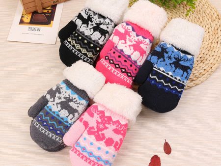 Wholesale Autumn and Winter Plus Fleece and Thick Bag Boy Deer Knitting Wool Points Finger Children s Warm Gloves Online now