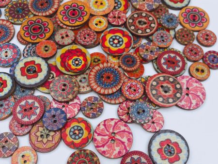 Wholesale retro disc wood buttons painted printed two-eye wooden buttons DIY handicrafts For Cheap