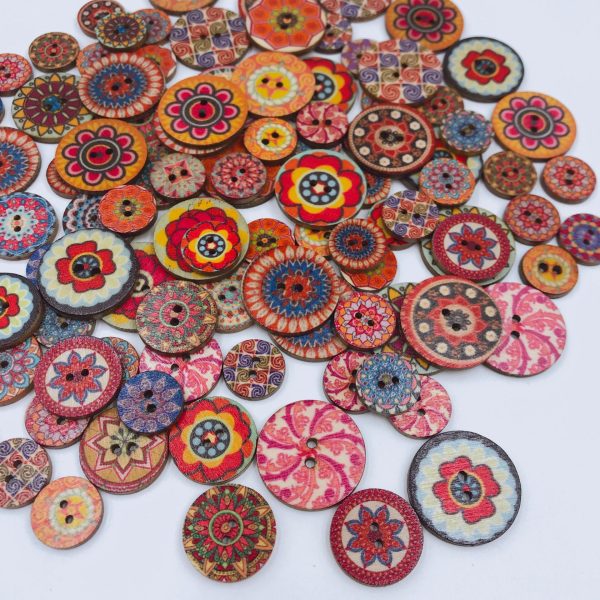 Wholesale retro disc wood buttons painted printed two-eye wooden buttons DIY handicrafts For Cheap