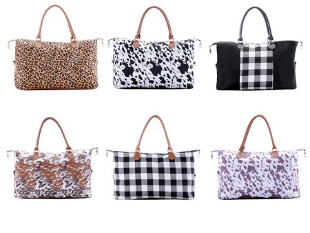 Wholesale Western Aztec Leopard Canvas Women s Portable Travel Shoulder Black and White Plaid Cow Bag Online