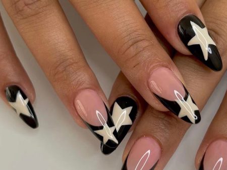 Wholesale Black Edge Milk White Five Point Star PlasticNail Stickers Online now