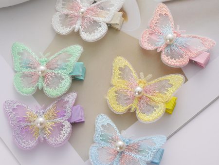 Wholesale fairy cute bangs clip phantom color double organza embroidery butterfly hair clip Online Sale