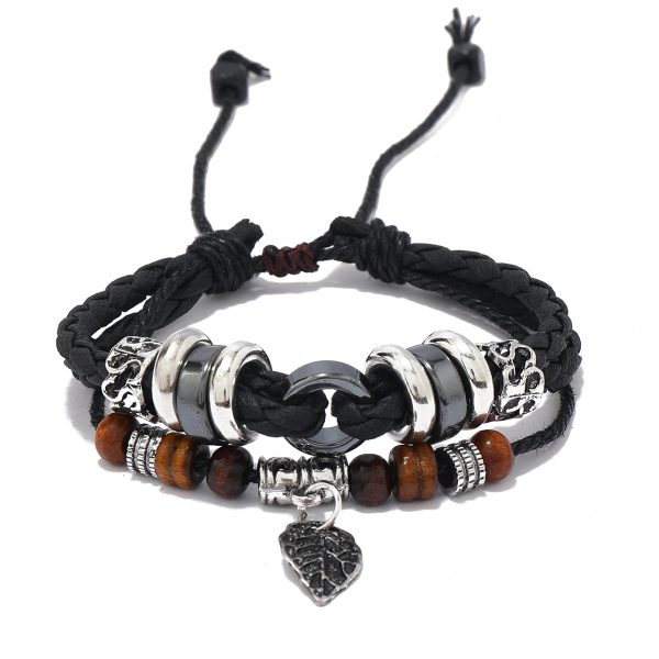 Wholesale Beaded Multi-layer Woven Leaves Men s Leather Bracelet Fashion