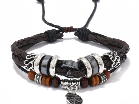 Wholesale Beaded Multi-layer Woven Leaves Men s Leather Bracelet Fashion