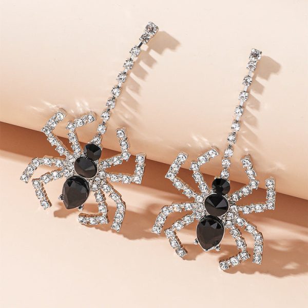 Wholesale 2pairs pack Halloween Black Spider Black and White Water Diamond Long Metal Earrings Online Hot Sale